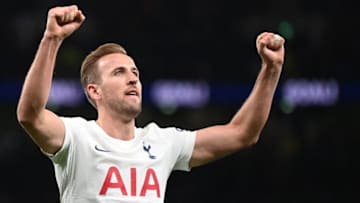 Tottenham Hotspur's English striker Harry Kane celebrates after scoring a goal during the FA Cup third round football match between Tottenham Hotspur and Brighton and Hove Albion at the Tottenham Hotspur Stadium in London, on February 5, 2022. - - RESTRICTED TO EDITORIAL USE. No use with unauthorized audio, video, data, fixture lists, club/league logos or 'live' services. Online in-match use limited to 120 images. An additional 40 images may be used in extra time. No video emulation. Social media in-match use limited to 120 images. An additional 40 images may be used in extra time. No use in betting publications, games or single club/league/player publications. (Photo by Daniel LEAL / AFP) / RESTRICTED TO EDITORIAL USE. No use with unauthorized audio, video, data, fixture lists, club/league logos or 'live' services. Online in-match use limited to 120 images. An additional 40 images may be used in extra time. No video emulation. Social media in-match use limited to 120 images. An additional 40 images may be used in extra time. No use in betting publications, games or single club/league/player publications. / RESTRICTED TO EDITORIAL USE. No use with unauthorized audio, video, data, fixture lists, club/league logos or 'live' services. Online in-match use limited to 120 images. An additional 40 images may be used in extra time. No video emulation. Social media in-match use limited to 120 images. An additional 40 images may be used in extra time. No use in betting publications, games or single club/league/player publications. (Photo by DANIEL LEAL/AFP via Getty Images)