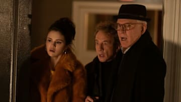 Only Murders In The Building -- Episode 101 -- From the minds of Steve Martin, Dan Fogelman and John Hoffman comes a comedic murder-mystery series for the ages. “Only Murders In The Building” follows three strangers (Steve Martin, Martin Short and Selena Gomez) who share an obsession with true crime and suddenly find themselves wrapped up in one. When a grisly death occurs inside their exclusive Upper West Side apartment building, the trio suspects murder and employs their precise knowledge of true crime to investigate the truth. As they record a podcast of their own to document the case, the three unravel the complex secrets of the building which stretch back years. Perhaps even more explosive are the lies they tell one another. Soon, the endangered trio comes to realize a killer might be living amongst them as they race to decipher the mounting clues before it’s too late. Mabel (Selena Gomez), Charles (Steve Martin), shown. (Photo by: Craig Blankenhorn/Hulu)