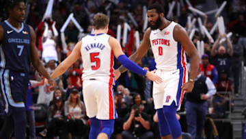 DETROIT, MICHIGAN - APRIL 09: Luke Kennard #5 of the Detroit Pistons celebrates in the second half with Andre Drummond #0 while playing the Memphis Grizzlies at Little Caesars Arena on April 09, 2019 in Detroit, Michigan. Detroit won the game 100-93. NOTE TO USER: User expressly acknowledges and agrees that, by downloading and or using this photograph, User is consenting to the terms and conditions of the Getty Images License Agreement. (Photo by Gregory Shamus/Getty Images)