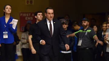DURHAM, NORTH CAROLINA - NOVEMBER 14: Head coach Mike Krzyzewski of the Duke Blue Devils takes the floor for the start of their game against the Eastern Michigan Eagles at Cameron Indoor Stadium on November 14, 2018 in Durham, North Carolina. (Photo by Grant Halverson/Getty Images)