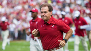 Sep 14, 2019; Columbia, SC, USA; Alabama Crimson Tide head coach Nick Saban leaves the field following warmups before their game against the South Carolina Gamecocks at Williams-Brice Stadium. Mandatory Credit: Jeff Blake-USA TODAY Sports
