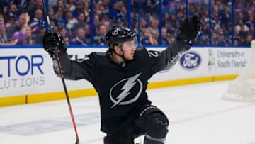 TAMPA, FL - FEBRUARY 7: A disgruntled Brayden Point #21 of the Tampa Bay Lightning signals to the ref against the St Louis Blues during overtime at Amalie Arena on February 7, 2019 in Tampa, Florida. (Photo by Mark LoMoglio/NHLI via Getty Images)