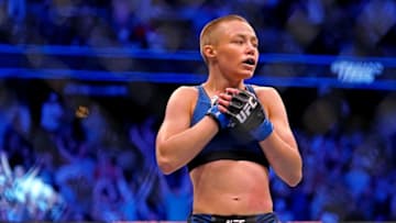 Apr 24, 2021; Jacksonville, Florida, USA; Rose Namajunas (Blue Gloves) reacts after defeating Zhang Weili (Red Gloves) during UFC 261 at VyStar Veterans Memorial Arena. Mandatory Credit: Jasen Vinlove-USA TODAY Sports