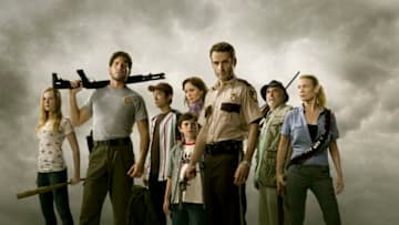 Amy (Emma Bell), Shane Walsh (Jon Bernthal), Glenn (Steven Yeun), Carl Grimes (Chandler Riggs), Lori Grimes (Sarah Wayne Callies), Rick Grimes (Andrew Lincoln), Dale (Jeffrey DeMunn) and Andrea (Laurie Holden) - The Walking Dead - Season 1 - Photo Credit: Matthew Welch / AMC
