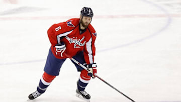 Mar 2, 2016; Washington, DC, USA; Washington Capitals defenseman Mike Weber (6) skates with the puck against the Toronto Maple Leafs at Verizon Center. Mandatory Credit: Geoff Burke-USA TODAY Sports