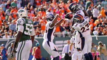 Oct 12, 2014; East Rutherford, NJ, USA; Denver Broncos tight end Julius Thomas (80) is congratulated on scoring a touchdown by teammates against the New York Jets during the second quarter of their NFL football game at MetLife Stadium. Mandatory Credit: Adam Hunger-USA TODAY Sports