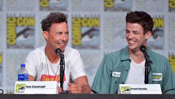 SAN DIEGO, CALIFORNIA - JULY 20: (L-R) Tom Cavanagh and Grant Gustin speak at "The Flash" Special Video Presentation and Q&A during 2019 Comic-Con International at San Diego Convention Center on July 20, 2019 in San Diego, California. (Photo by Amy Sussman/Getty Images)