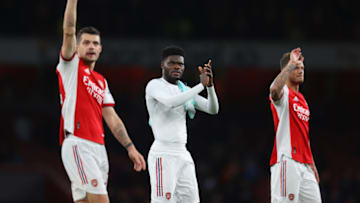 LONDON, ENGLAND - MARCH 13: Thomas Partey of Arsenal applauds the fans following the Premier League match between Arsenal and Leicester City at Emirates Stadium on March 13, 2022 in London, England. (Photo by Catherine Ivill/Getty Images)