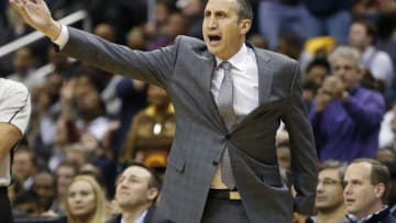 Jan 6, 2016; Washington, DC, USA; Cleveland Cavaliers head coach David Blatt reacts on the bench against the Washington Wizards in the third quarter at Verizon Center. The Cavaliers won 121-115. Mandatory Credit: Geoff Burke-USA TODAY Sports