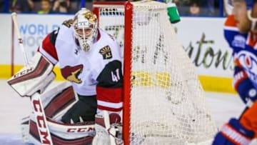 Mar 12, 2016; Edmonton, Alberta, CAN; Arizona Coyotes goalie Mike Smith (41) guards his net against the Edmonton Oilers during the second period at Rexall Place. Mandatory Credit: Sergei Belski-USA TODAY Sports
