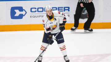 OSHAWA, ON - JANUARY 26: Tyson Foerster #71 of the Barrie Colts skates with the puck during an OHL game against the Oshawa Generals at the Tribute Communities Centre on January 26, 2020 in Oshawa, Ontario, Canada. (Photo by Chris Tanouye/Getty Images)