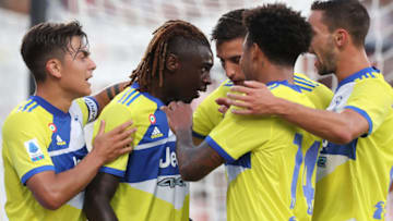 LA SPEZIA, ITALY - SEPTEMBER 22: Bioty Moise Kean of Juventus celebrates after scoring a goal during the Serie A match between Spezia Calcio v Juventus at Stadio Alberto Picco on September 22, 2021 in La Spezia, Italy. (Photo by Gabriele Maltinti/Getty Images)