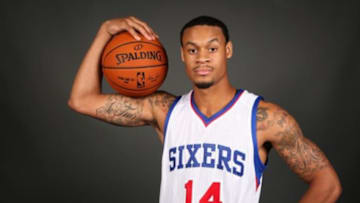 Sep 29, 2014; Philadelphia, PA, USA; Philadelphia 76ers forward K.J. McDaniels (14) during media day at the Wells Fargo Center. Mandatory Credit: Bill Streicher-USA TODAY Sports