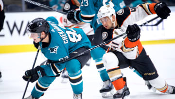 SAN JOSE, CA - SEPTEMBER 18: San Jose Sharks left wing Ivan Chekhovich (82) drives to the net behind Anaheim Ducks forward Corey Tropp (41) during the San Jose Sharks game versus the Anaheim Ducks on September 18, 2018, at SAP Center at San Jose in San Jose, CA. (Photo by Matt Cohen/Icon Sportswire via Getty Images)