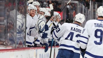 DENVER, CO - FEBRUARY 12: Nazem Kadri #43 of the Toronto Maple Leafs celebrates with his bench after scoring a goal against the Colorado Avalanche at the Pepsi Center on February 12, 2019 in Denver, Colorado. (Photo by Michael Martin/NHLI via Getty Images)