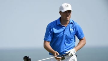 Aug 13, 2015; Sheboygan, WI, USA; Jordan Spieth watches his drive on the 9th hole during the first round of the 2015 PGA Championship golf tournament at Whistling Straits. Mandatory Credit: Michael Madrid-USA TODAY Sports