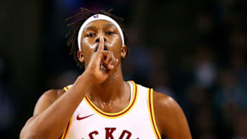 BOSTON, MA - MARCH 11: Myles Turner #33 of the Indiana Pacers reacts after hitting a three-point shot during a game against the Boston Celtics at TD Garden on March 11, 2018 in Boston, Massachusetts. NOTE TO USER: User expressly acknowledges and agrees that, by downloading and or using this photograph, User is consenting to the terms and conditions of the Getty Images License Agreement. (Photo by Adam Glanzman/Getty Images)