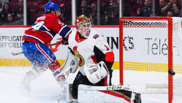 MONTREAL, QC - SEPTEMBER 30: Montreal Canadiens left wing Charles Hudon (54) shot hits the goal post of Ottawa Senators goalie Mike Condon (1) during the Ottawa Senators versus the Montreal Canadiens preseason game on September 30, 2017, at Bell Centre in Montreal, QC (Photo by David Kirouac/Icon Sportswire via Getty Images)