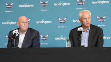 Jun 28, 2022; Charlotte, NC, USA; Charlotte Hornets general manager Mitch Kupchak announces Steve Clifford to return to coach the team at the Spectrum Center in Charlotte, NC. Mandatory Credit: Jim Dedmon-USA TODAY Sports