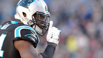 CHARLOTTE, NC - NOVEMBER 22: Kony Ealy #94 of the Carolina Panthers silences the Washington Redskins offense after a sack during their game at Bank of America Stadium on November 22, 2015 in Charlotte, North Carolina. (Photo by Grant Halverson/Getty Images)