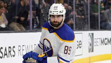 LAS VEGAS, NEVADA - FEBRUARY 01: Alex Tuch #89 of the Buffalo Sabres reacts after missing a shot against the Vegas Golden Knights in the third period of their game at T-Mobile Arena on February 1, 2022 in Las Vegas, Nevada. The Golden Knights defeated the Sabres 5-2. (Photo by Ethan Miller/Getty Images)