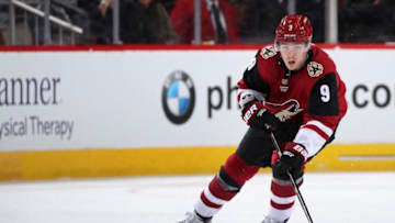 GLENDALE, ARIZONA - FEBRUARY 25: Clayton Keller #9 of the Arizona Coyotes skates with the puck during the third period of the NHL game against the Florida Panthers at Gila River Arena on February 25, 2020 in Glendale, Arizona. The Panthers defeated the Coyotes 2-1. (Photo by Christian Petersen/Getty Images)