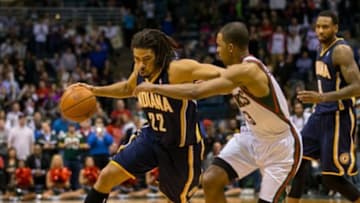Apr 9, 2014; Milwaukee, WI, USA; Indiana Pacers forward Chris Copeland (22) during the game against the Milwaukee Bucks at BMO Harris Bradley Center. Indiana won 104-102. Mandatory Credit: Jeff Hanisch-USA TODAY Sports