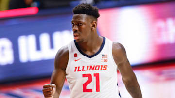 CHAMPAIGN, IL - NOVEMBER 27: Kofi Cockburn #21 of the Illinois Fighting Illini reacts during the game against the Ohio Bobcats at State Farm Center on November 27, 2020 in Champaign, Illinois. (Photo by Michael Hickey/Getty Images)