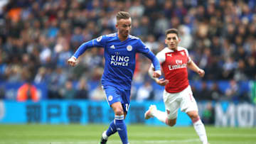 LEICESTER, ENGLAND - APRIL 28: James Maddison of Leicester City runs with the ball during the Premier League match between Leicester City and Arsenal FC at The King Power Stadium on April 28, 2019 in Leicester, United Kingdom. (Photo by Julian Finney/Getty Images)