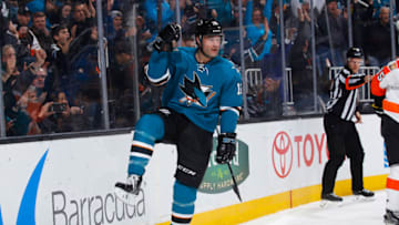SAN JOSE, CA - DECEMBER 30: Patrick Marleau #12 of the San Jose Sharks celebrates after scoring a goal against the Philadelphia Flyers at SAP Center on December 30, 2016 in San Jose, California. (Photo by Rocky W. Widner/NHL/Getty Images)