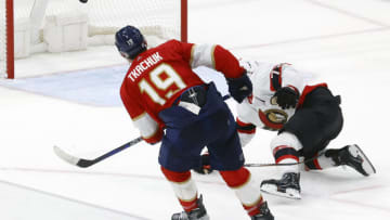 SUNRISE, FL - OCTOBER 29: Matthew Tkachuk #19 of the Florida Panthers scores an open net goal against the Ottawa Senators late in the third period at the FLA Live Arena during an NHL game on October 29, 2022 in Sunrise, Florida. (Photo by Joel Auerbach/Getty Images)