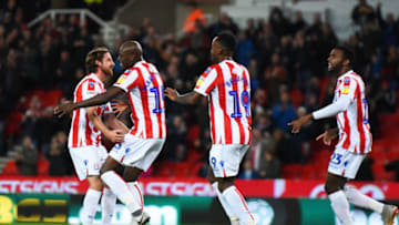 STOKE ON TRENT, ENGLAND - OCTOBER 02: Bruno Martins Indi of Stoke celebrates scoring the opening goal during the Sky Bet Championship match between Stoke City and Bolton Wanderers at Bet365 Stadium on October 2, 2018 in Stoke on Trent, England. (Photo by Nathan Stirk/Getty Images)