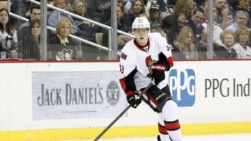 Apr 13, 2014; Pittsburgh, PA, USA; Ottawa Senators right wing Ales Hemsky (83) handles the puck against the Pittsburgh Penguins during the first period at the CONSOL Energy Center. The Senators won 3-2 in a shootout. Mandatory Credit: Charles LeClaire-USA TODAY Sports