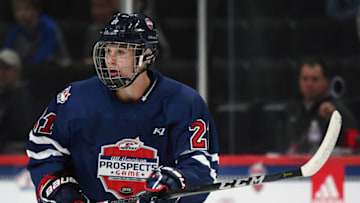 ST. PAUL, MN - SEPTEMBER 19: Team Leopold forward Jack Hughes (21) follows the play during the USA Hockey All-American Prospects Game between Team Leopold and Team Langenbrunner on September 19, 2018 at Xcel Energy Center in St. Paul, MN. Team Leopold defeated Team Langenbrunner 6-4.(Photo by Nick Wosika/Icon Sportswire via Getty Images)