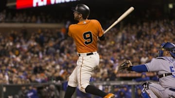 Sep 30, 2016; San Francisco, CA, USA; San Francisco Giants first baseman Brandon Belt (9) hits a three run home run against the Los Angeles Dodgers during the sixth inning at AT&T Park. Mandatory Credit: Neville E. Guard-USA TODAY Sports