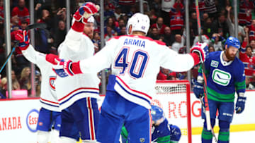 VANCOUVER, BC - DECEMBER 17: The Montreal Canadians celebrate a goal by Montreal Canadiens Defenceman Shea Weber (6) against the Vancouver Canucks during their NHL game at Rogers Arena on December 17, 2019 in Vancouver, British Columbia, Canada. (Photo by Devin Manky/Icon Sportswire via Getty Images)