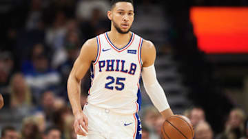 Ben Simmons of the Philadelphia 76ers dribbles the ball against the Minnesota Timberwolves. (Photo by Hannah Foslien/Getty Images)