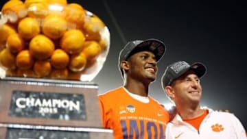 Dec 31, 2015; Miami Gardens, FL, USA; Clemson Tigers head coach Dabo Swinney and quarterback Deshaun Watson (4) celebrate after defeating Oklahoma Sooners in the 2015 CFP semifinal at the Orange Bowl at Sun Life Stadium. Clemson won 37-17. Mandatory Credit: Steve Mitchell-USA TODAY Sports