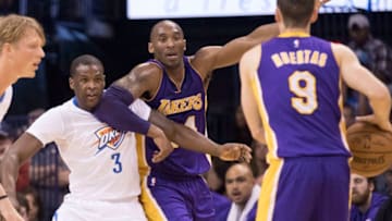 OKLAHOMA CITY, OK - APRIL 11: Marcelo Huertas #9 of the Los Angeles Lakers passes the ball to Kobe Bryant #24 of the Los Angeles Lakers as Dion Waiters #3 of the Oklahoma City Thunder applies pressure during a NBA game at the Chesapeake Energy Arena on April 11, 2016 in Oklahoma City, Oklahoma. NOTE TO USER: User expressly acknowledges and agrees that, by downloading and or using this photograph, User is consenting to the terms and conditions of the Getty Images License Agreement. (Photo by J Pat Carter/Getty Images)