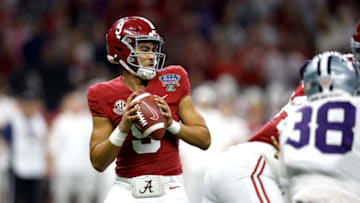 NEW ORLEANS, LOUISIANA - DECEMBER 31: Bryce Young #9 of the Alabama Crimson Tide looks to pass during the second quarter of the Allstate Sugar Bowl against the Kansas State Wildcats at Caesars Superdome on December 31, 2022 in New Orleans, Louisiana. (Photo by Sean Gardner/Getty Images)