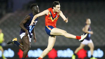 MELBOURNE, AUSTRALIA - JULY 04: Oscar Chapman of South Australia kicks the ball during the U18 AFL Championship match between Vic Metro and South Australia at Etihad Stadium on July 4, 2018 in Melbourne, Australia. (Photo by Michael Dodge/Getty Images)