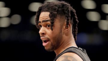 NEW YORK, NEW YORK - APRIL 20: D'Angelo Russell #1 of the Brooklyn Nets reacts in the second half against the Philadelphia 76ers at Barclays Center on April 20, 2019 in the Brooklyn borough of New York City.The Philadelphia 76ers defeated the Brooklyn Nets 112-108. NOTE TO USER: User expressly acknowledges and agrees that, by downloading and or using this photograph, User is consenting to the terms and conditions of the Getty Images License Agreement. (Photo by Elsa/Getty Images)