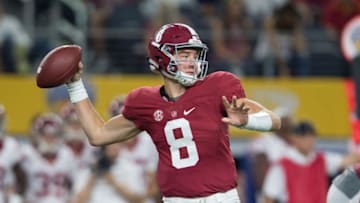 Sep 3, 2016; Arlington, TX, USA; Alabama Crimson Tide quarterback Blake Barnett (8) in action during the game against the USC Trojans at AT&T Stadium. Alabama defeats USC 52-6. Mandatory Credit: Jerome Miron-USA TODAY Sports