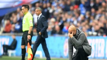 LONDON, ENGLAND - APRIL 06: Josep Guardiola, Manager of Manchester City reacts during the FA Cup Semi Final match between Manchester City and Brighton and Hove Albion at Wembley Stadium on April 06, 2019 in London, England. (Photo by Michael Regan/Getty Images)