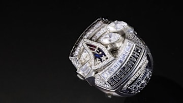 Jan 27, 2016; Canton, OH, USA; General view of Super Bowl XXXVIII championship ring to commemorate the New England Patriots victory over the Carolina Panthers on February 1, 2004 on display at the at the Pro Football Hall of Fame. Mandatory Credit: Scott R. Galvin-USA TODAY NETWORK