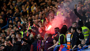 LONDON, ENGLAND - APRIL 01: Crystal Palace fans celebrate during the Premier League match between Chelsea and Crystal Palace at Stamford Bridge on April 1, 2017 in London, England. (Photo by Mike Hewitt/Getty Images)