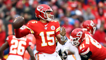 KANSAS CITY, MISSOURI - DECEMBER 29: Quarterback Patrick Mahomes #15 of the Kansas City Chiefs passes during the 1st quarter of the game against the Los Angeles Chargers at Arrowhead Stadium on December 29, 2019 in Kansas City, Missouri. (Photo by Jamie Squire/Getty Images)