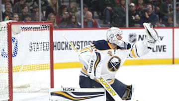 Nov 1, 2016; Saint Paul, MN, USA; Buffalo Sabres goalie Robin Lehner (40) makes a save during the second period against the Minnesota Wild at Xcel Energy Center. Mandatory Credit: Marilyn Indahl-USA TODAY Sports