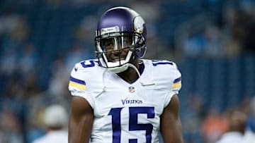 Sep 8, 2013; Detroit, MI, USA; Minnesota Vikings wide receiver Greg Jennings (15) before the game against the Detroit Lions at Ford Field. Mandatory Credit: Tim Fuller-USA TODAY Sports