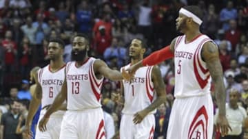 Jan 28, 2015; Houston, TX, USA; Members of the Houston Rockets celebrate during the fourth quarter against the Dallas Mavericks at Toyota Center. The Rockets defeated the Mavericks 99-94. Mandatory Credit: Troy Taormina-USA TODAY Sports